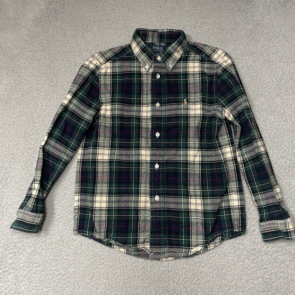 POLO Ralph Lauren Boys' Flannel Button Down Shirt Size 7 Green White Blue Plaid